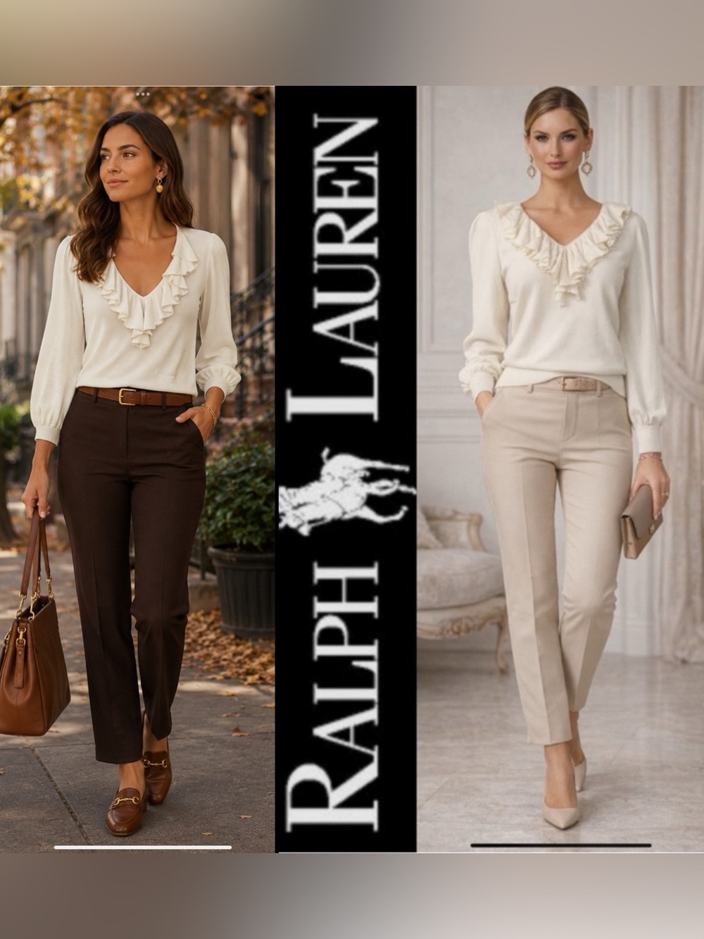 Lauren Ralph Lauren Ruffle V-Neck Pullover‎ Sweater  Winter Cream Black Label 1X